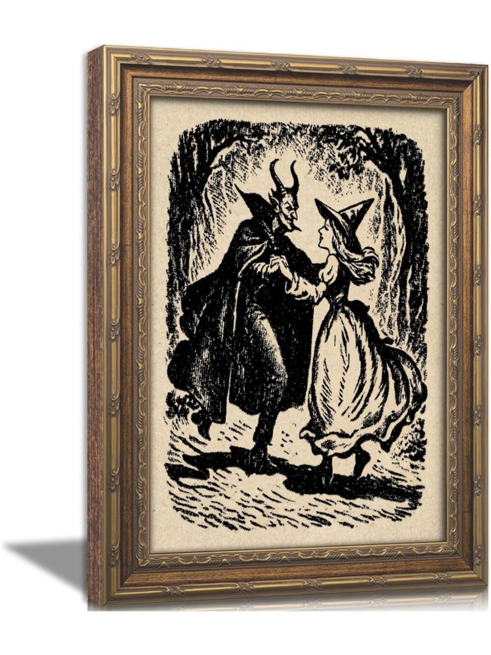 Gothic Vintage Gold Framed Witch Wall Art - Dark Academia Canvas Print Decor